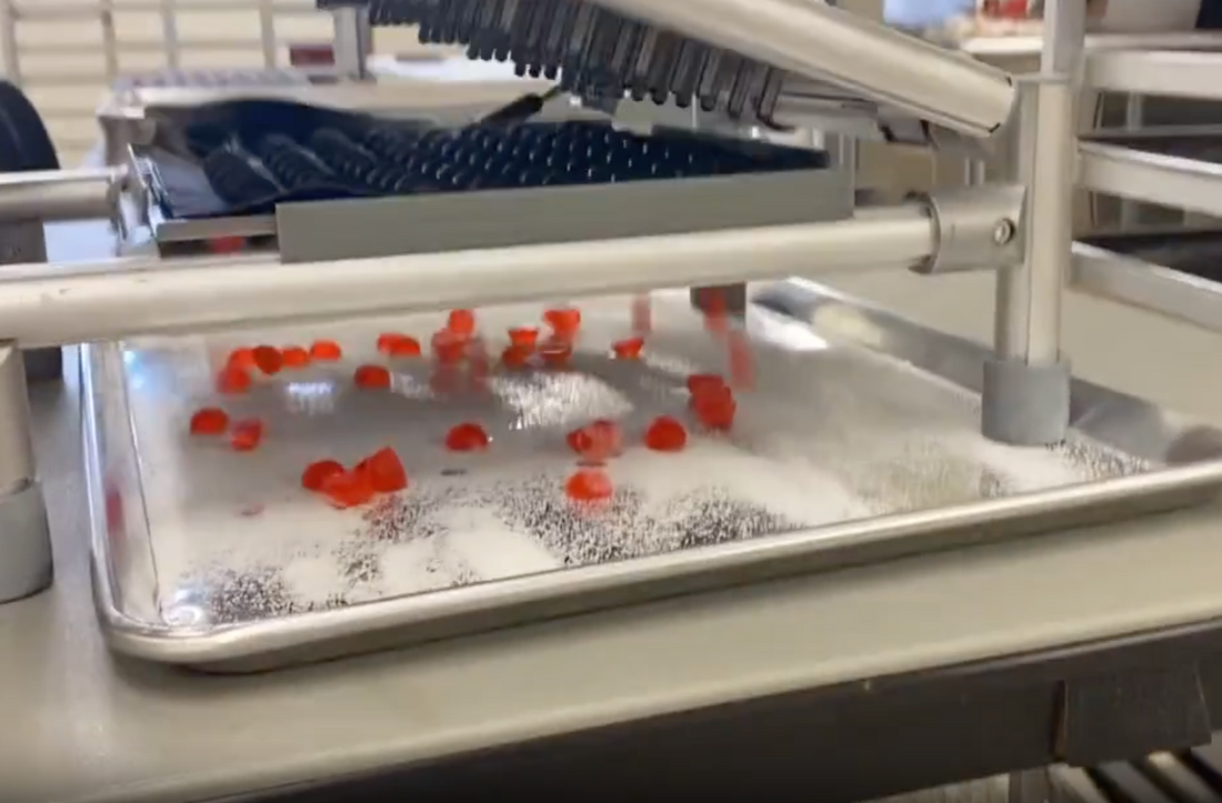 Demolding machine to remove gummies, chocolates, candies.